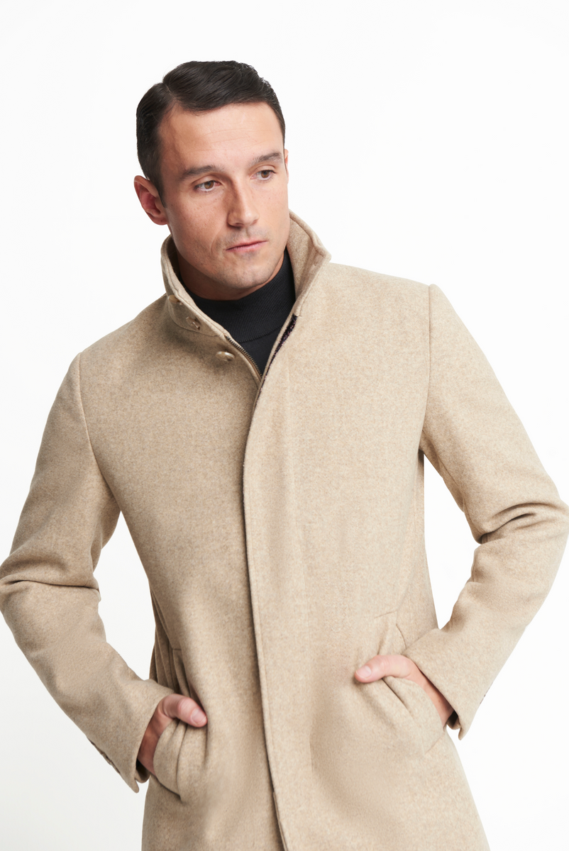 Tan funnel neck coat sales