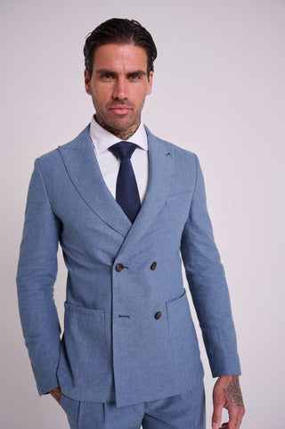 Oliver Slim Fit Linen Cotton Blend Double Breasted Suit Blazer in Mid Blue