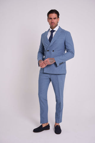 Oliver Slim Fit Linen Cotton Blend Double Breasted Suit Blazer in Mid Blue