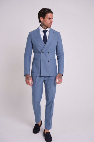 Oliver Slim Fit Linen Cotton Blend Double Breasted Suit Blazer in Mid Blue