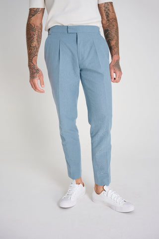 Chris Slim Fit Linen Cotton Blend Suit Smart Trousers in Pastel Blue