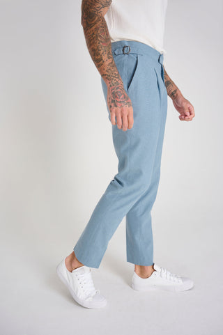 Chris Slim Fit Linen Cotton Blend Suit Smart Trousers in Pastel Blue