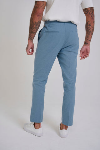 Chris Slim Fit Linen Cotton Blend Suit Smart Trousers in Pastel Blue