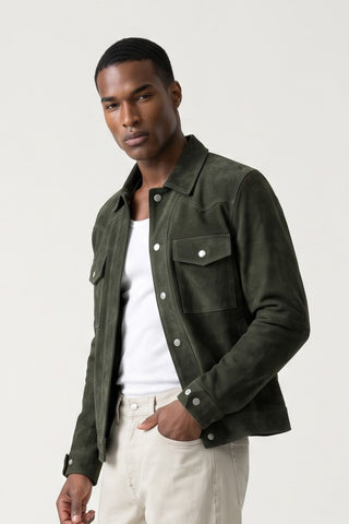 Leon Suede Shacket in Dark Olive