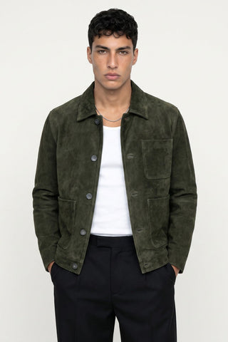 Soren Suede Trucker Jacket in Dark Olive
