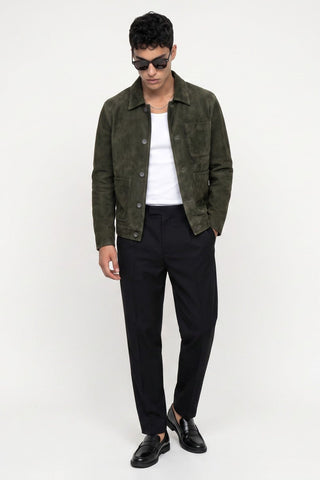 Soren Suede Trucker Jacket in Dark Olive
