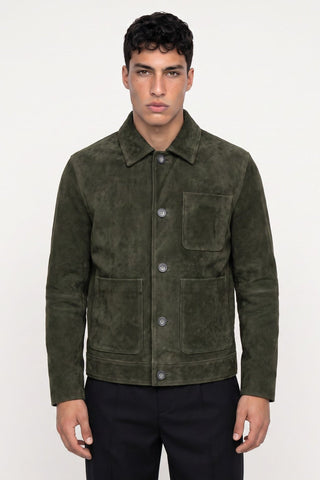 Soren Suede Trucker Jacket in Dark Olive