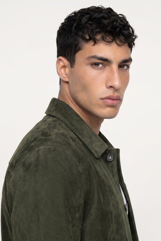 Soren Suede Trucker Jacket in Dark Olive