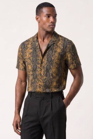 Harry Brown Mono Revere Collar Fashion Shirt in Black Gold Check