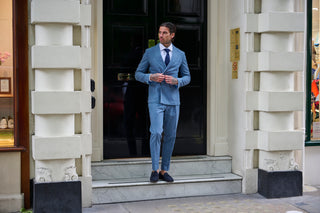 Oliver Slim Fit Linen Cotton Blend Suit Smart Trousers in Mid Blue