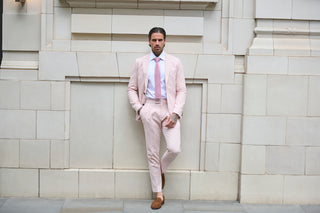 Chris Slim Fit Linen Cotton Blend Suit Smart Trousers in Pink