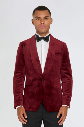 Leo Velvet Tuxedo Dinner Jacket with Shawl Lapel Detail in Burgundy