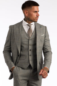 Jaxon Three Piece Slim Fit Suit in Grey Beige Check