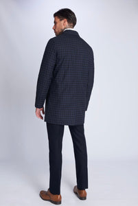 HARRISON Navy Check Single Breasted Trench Coat