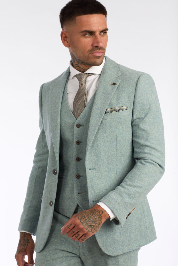 Ralph Wool Tweed Three Piece Slim Fit Suit in Mint Green