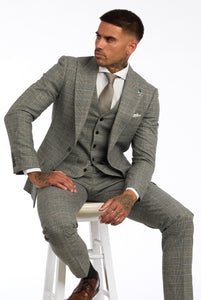 Jaxon Three Piece Slim Fit Suit in Grey Beige Check