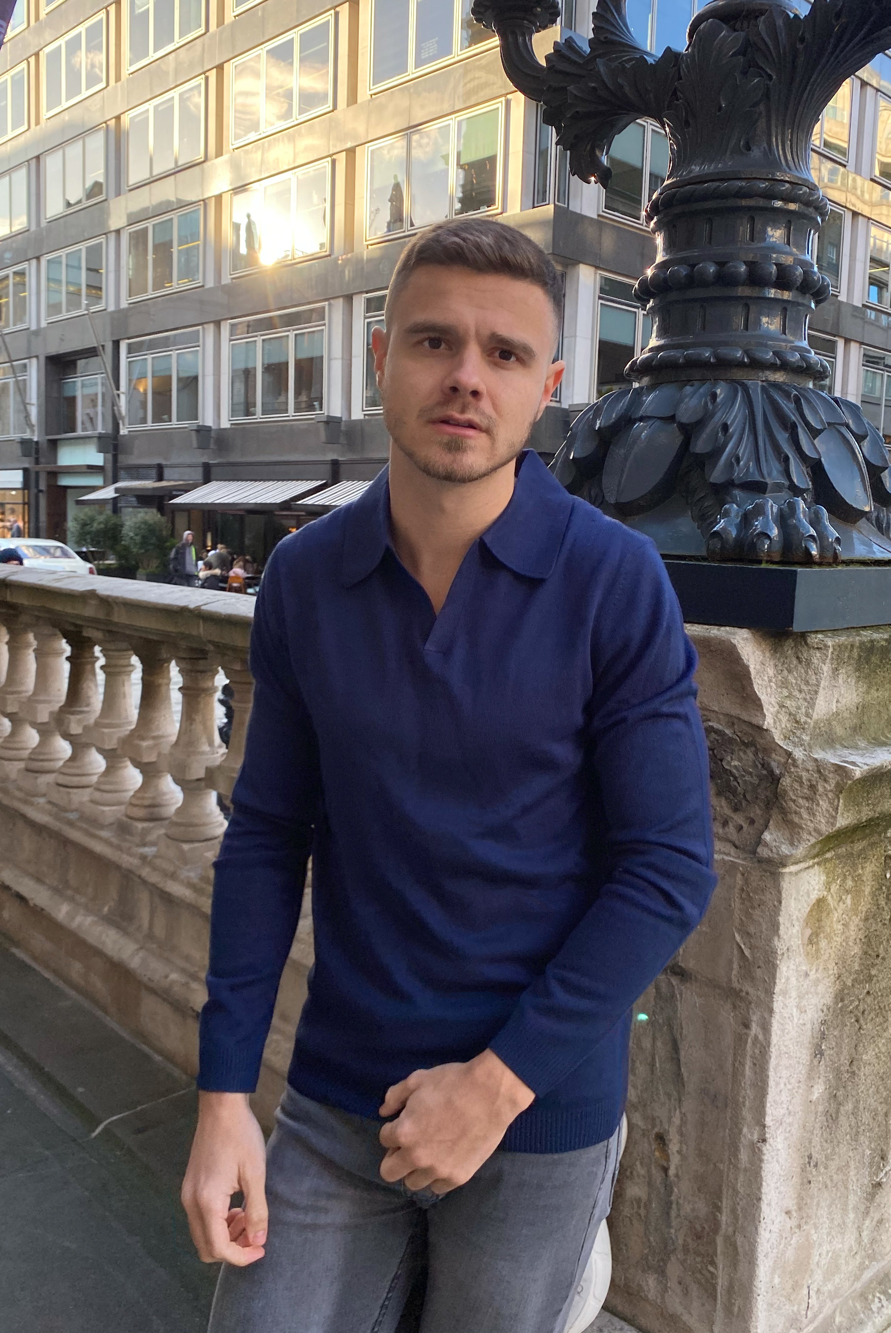 Open Collar Navy Long Sleeve Polo Shirt Harry Brown London