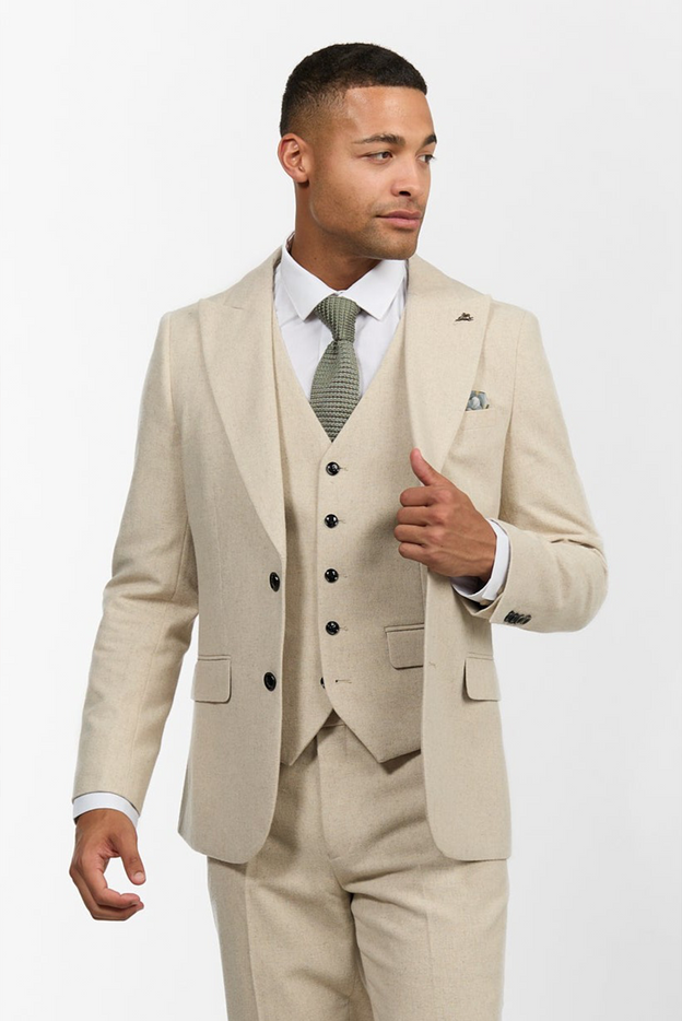 Ralph Wool Tweed Three Piece Slim Fit Suit in Oatmeal